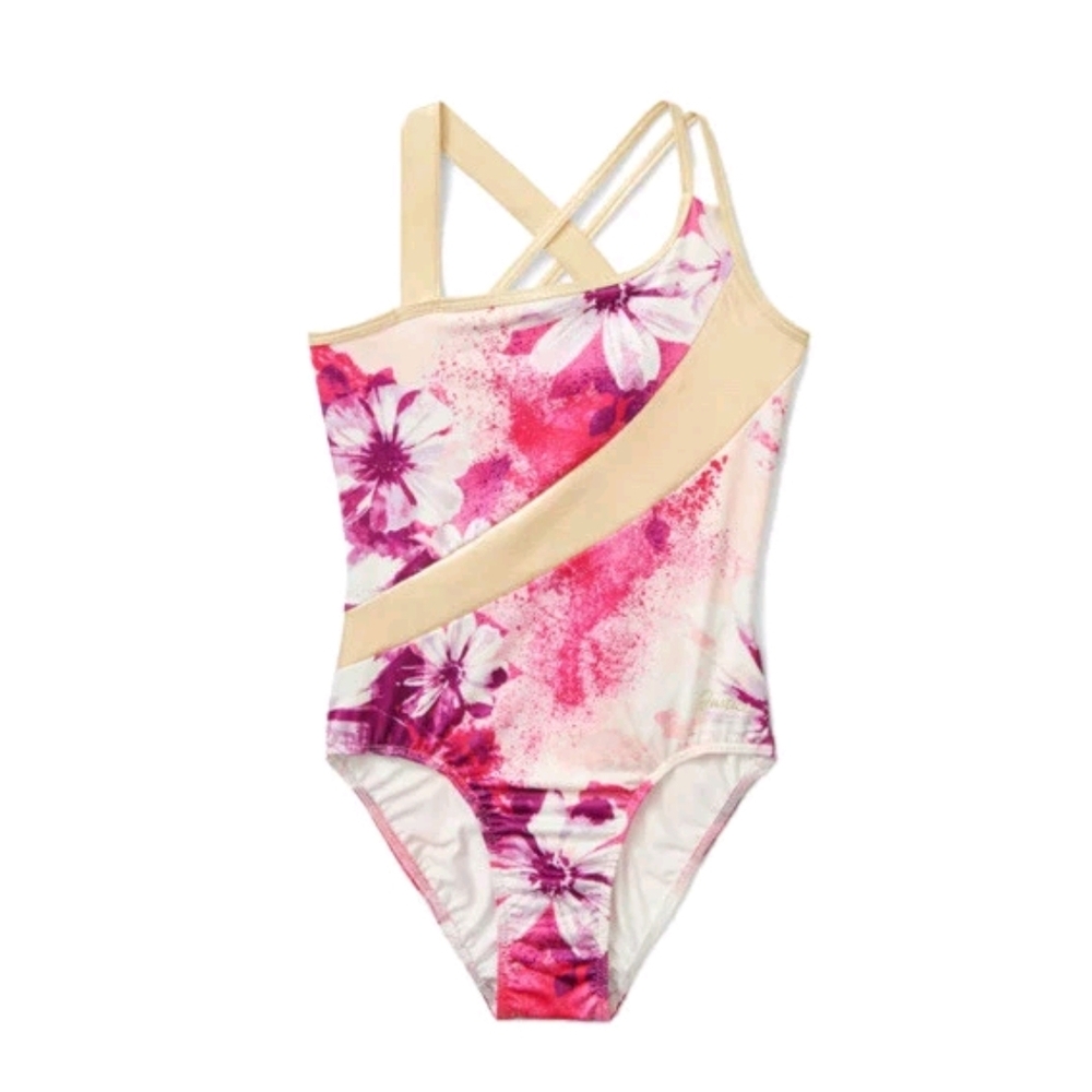Justice Pink and Cream Floral Gymnastic Leotard Active Wear Tumble